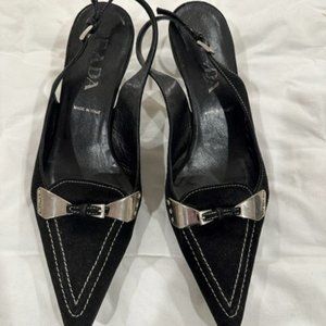 Prada Black Kitten Heel Slingback with Silver Detail and Stitching